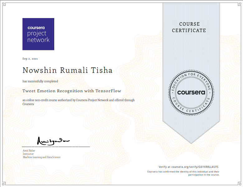 Tensorflow Certificate from Coursera